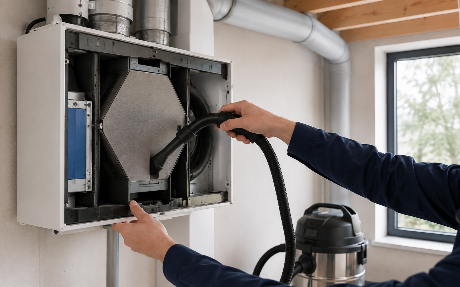 Monteur reinigt met een stofzuiger de binnenkant van een geopende WTW-ventilatiebox